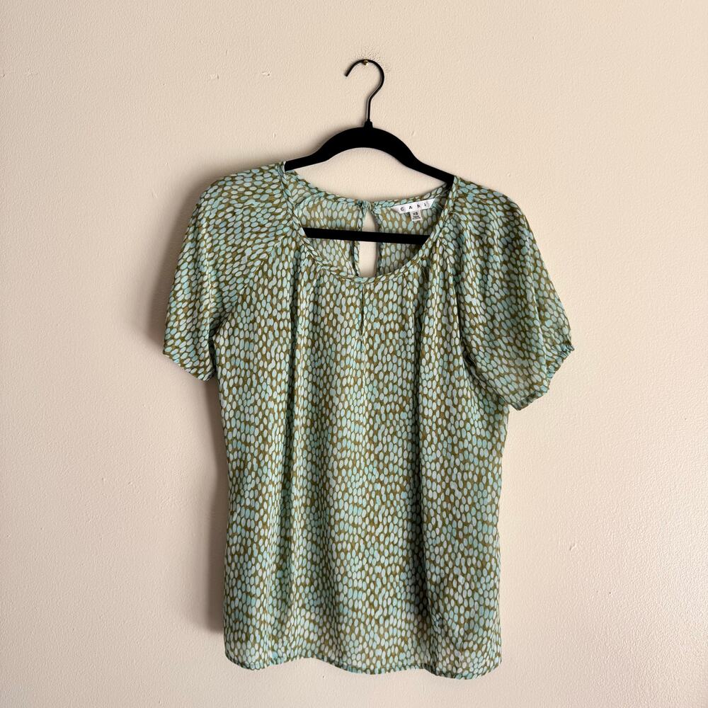 Cabi Blue Green Polka Dot Pebble Keyhole Short Sleeve Blouse - XS - Picture 1 of 7